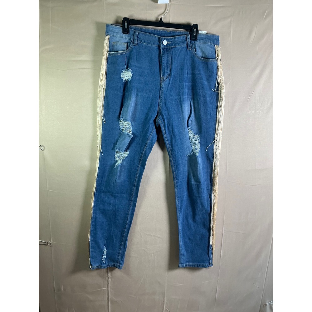 Distressed Blue Fringe Side Seam Jeans Womens XXL Ripped Western Denim Pants